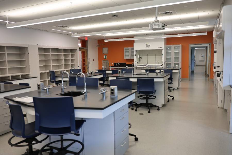 Science Classroom newly constructed with an orange back wall.