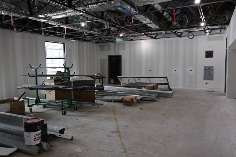 Drywall work inside new Science Building.