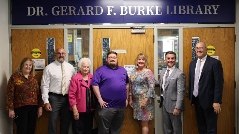President Mitchell, far right, with members of the Burke Family at the dedication of the Dr. Gerard F. Burke Library at Massasoit's Brockton Campus.