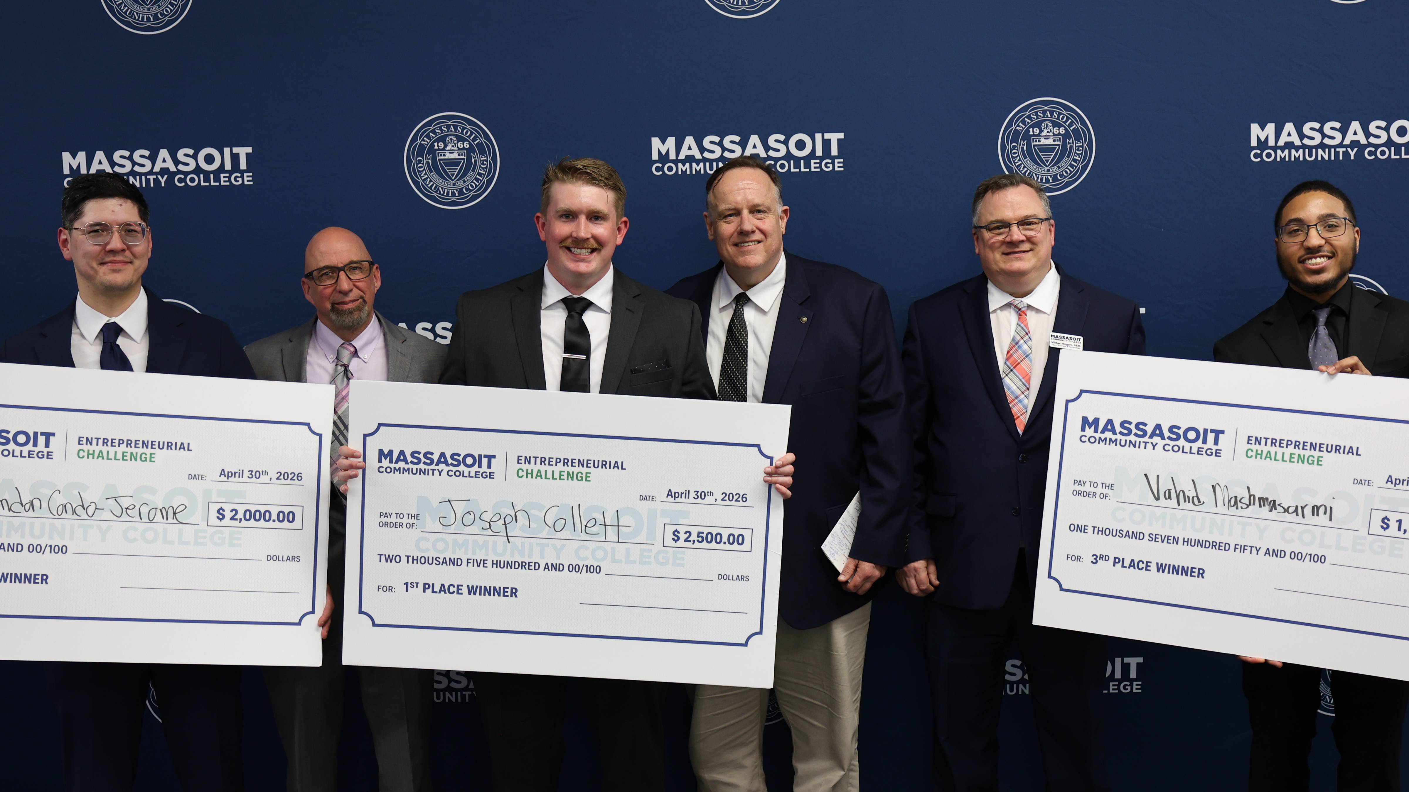 Three student entrepreneurs pose with three business faculty and administrators at the conclusion of Massasoit's inaugural Entrepreneurial Challenge.