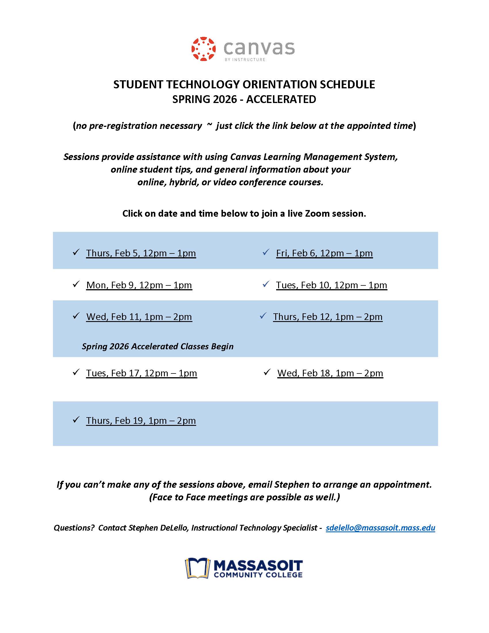Student Technology Orientation Schedule for Spring 2026 accelerated courses, listing live Zoom training sessions and start dates.
