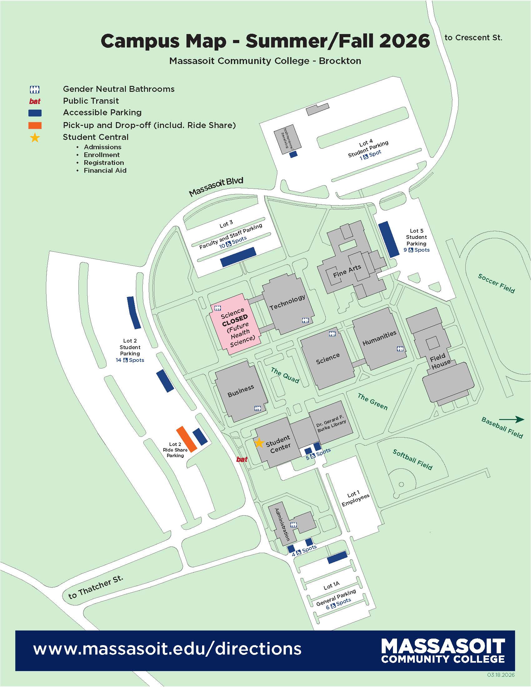 Campus map for Massasoit Community College's Brockton campus, Summer/Fall 2026. The map labels major buildings including Student Center, Administration, Business, Technology, Science, Humanities, Fine Arts, Field House, and Dr. Garrard F. Burk Library. The Future Health Science building is marked closed. Parking lots for students, employees, faculty and staff, accessible parking, ride-share pick-up/drop-off areas, gender-neutral bathrooms, and public transit stops are identified. Athletic facilities including soccer, softball, and baseball fields are shown, along with surrounding roads such as Massasoit Boulevard, Thatcher Street, and Crescent Street.