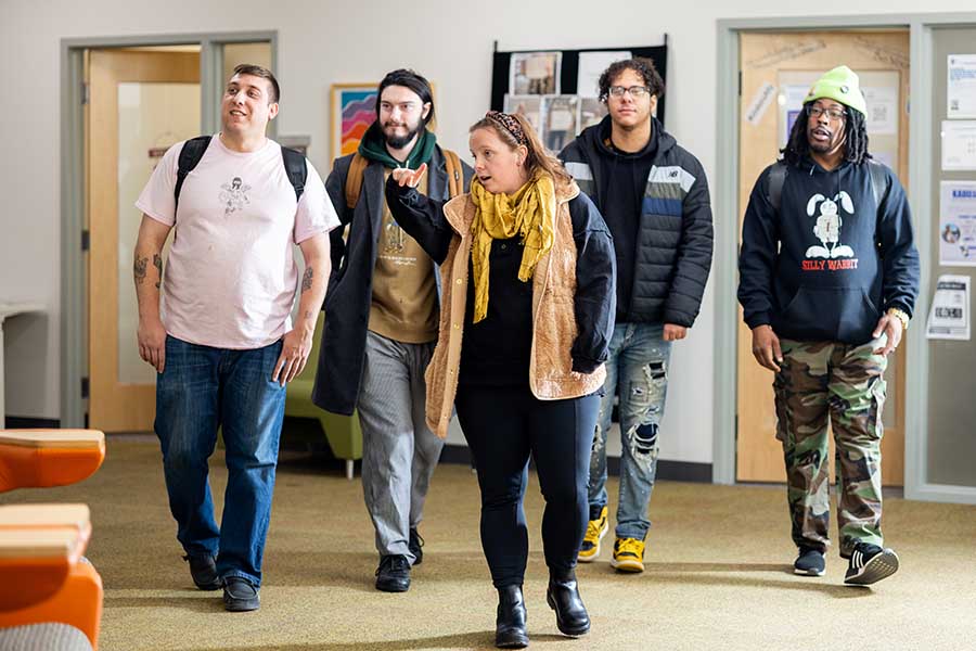 Students taking a tour on campus.