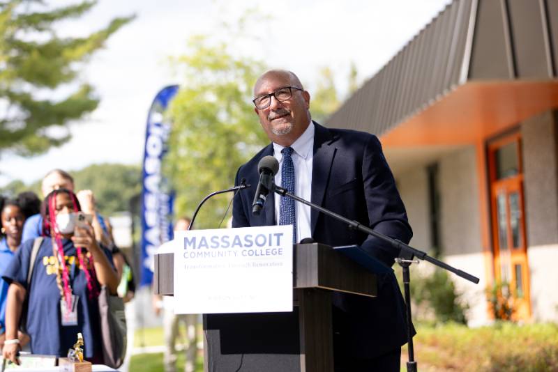 Massasoit President Bill Mitchell speaking at the ribbon cutting for the College's new Science Building on September 8, 2026.